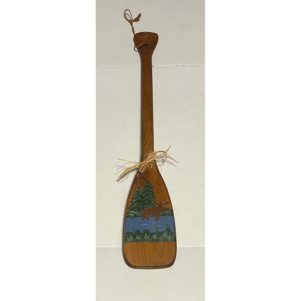 Primitive Retro Wooden Paddle Wall Decor Hand Painted Moose Cabin Cottagecore